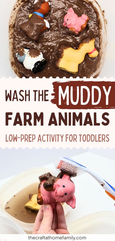 Need an easy activity idea to entertain your toddler or preschooler? This “wash the muddy farm animals” sensory bin is simple, inexpensive and SO fun to play with. Quickly whip up some edible mud and your kids will be playing in under 5 minutes—perfect for busy days where you need time to get things done! Find out how to easily set up a farm animal washing station for your child at home. This farm animal sensory bin is great for keeping kids busy, and would make a good addition to a farm unit! Farm Day At School, Under 2s Activities, Farm Tuff Tray Ideas Preschool, Farm Day Activities Preschool, Mud Day Activities Preschool, Farm Day Preschool, Old Macdonald Had A Farm Activities, Farm Animals Sensory Bin, Farm Animal Sensory Bin