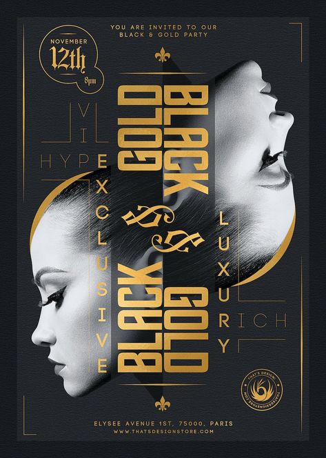 Luxury Typography Poster, Black And Gold Poster Design, Glamour Graphic Design, Black Poster Design, Luxury Poster Design, Elegant Poster Design, Black And Gold Poster, Best Poster Design, Promotional Poster Design