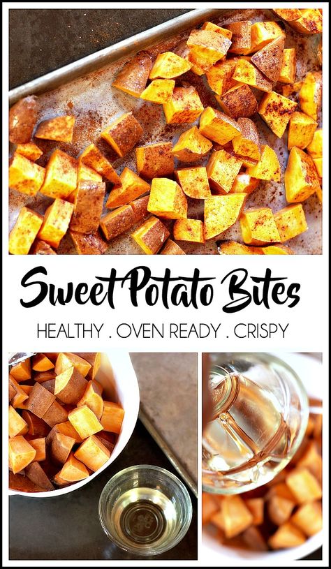 Healthy, Crispy, Oven Ready, Easy, Sweet Potato Bite Recipe Roasted Sweet Potato Cubes, Sweet Potato Oven, Sweet Potato Recipes Roasted, Burger Side Dishes, Sweet Potatoe Bites, Potatoes In Oven, Sweet Potato Skins, Crispy Sweet Potato, Sweet Potato Protein