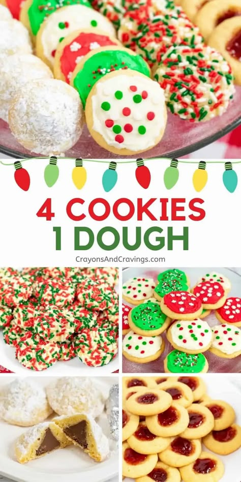 Make 4 kinds of Christmas Cookies with this one simple cookie dough recipe. Perfect for Cookie Exchanges and Christmas Baking! #christmasbaking #christmascookies #puddingcookies #cookiedough #cookierecipes Multi Cookie Dough Recipe, Secret Kiss Cookies, Simple Cookie Dough Recipe, Christmas Cookie Dough, Christmas Cookie Recipes Holiday, Simple Cookie, Cookie Dough Recipe, Easy Puddings, Best Christmas Cookie Recipe