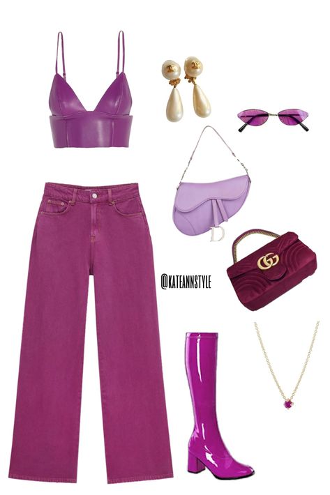 Daphne Blake inspired outfit. Scooby doo outfit. Outfit details: boots, wide leg pants, crop top, purse, necklace, earrings, and sunglasses. Daphne Blake Inspired Outfit, Boots Wide Leg Pants, Daphne Scooby Doo Outfit, Daphne Inspired Outfit, Daphne Outfit Ideas, Daphne Blake Outfit, Daphne Blake Aesthetic, Daphne Outfit, Daphne From Scooby Doo