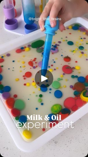 171K views · 4.5K reactions | We loved this cool and colorful Oil & Milk density Experiment! 🙌🏻  Comment “GET” for a 🔗 to a similar Test Tube and droppers stand set.   (Our colored test tubes are from @lovevery and our animal droppers are from @curious_columbus )  MATERIALS you’ll need for this experiment:  👉🏼 Tubes  👉🏼 Droppers  👉🏼 A tray  👉🏼 Milk  👉🏼 Oil  👉🏼 Food coloring   HOW TO:  👉🏼 Pour a small amount of milk in a test tube  👉🏼 Add a few drops of food coloring to the milk and mix  👉🏼 Pour oil into a tray  👉🏼 Use the droppers to drop the colored milk on the oil  👉🏼 Notice the beautiful colored dots forming.  Your little one will be mesmerized by the colored milk that doesn’t spread or mix with the oil.   DISCUSSION:  💫 Talk about the two liquids (colored milk Test For Preschoolers, Milk And Oil Experiment, Oil Experiment For Kids, Food Coloring Experiment, Milk Experiment, Density Experiment, Eye Dropper, Milk Color, Kid Experiments