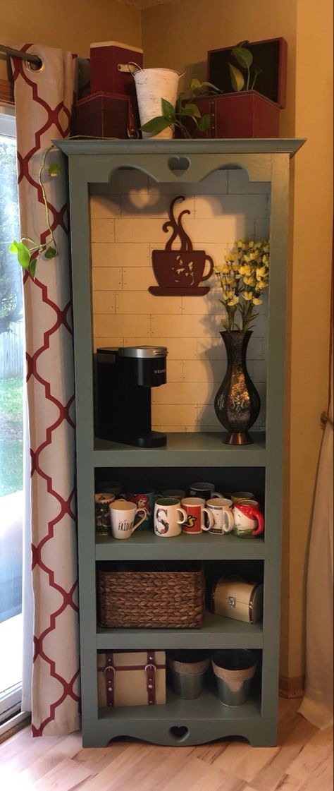 Old Bookcase, Diy Coffee Bar, Diy Coffee, A Bar, Corner Bookcase, Coffee Bar, Bookshelves, Bookcase, Shelves