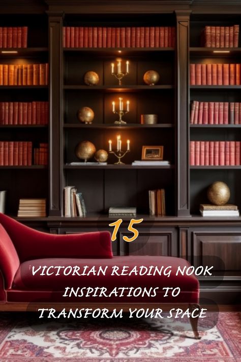 Dive into the charm of Victorian design with these 15 stunning reading nook inspirations! From elegant bookshelves lined with rich, red volumes to cozy seating that invites you to curl up with a good book, this collection is sure to inspire your next home project. Let these ideas help you create a warm, inviting space that blends style and comfort seamlessly. Landing Reading Nook, Victorian Bookshelves, Elegant Bookshelves, Victorian Bookshelf, Top Of Staircase, Library Seating, Moody Lighting, Staircase Landing, Antique Side Table