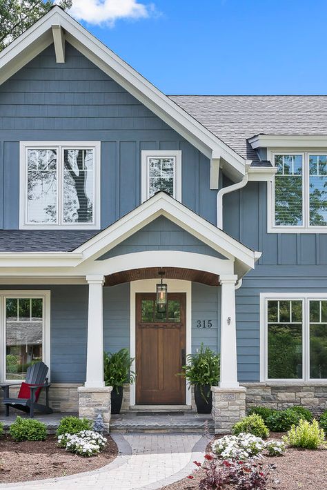 Board Batten Siding, Coastal Bungalow, Light Blue Houses, Blue Siding, Board And Batten Exterior, Transitional Exterior, Lake Houses Exterior, Exterior Home Design, Board Batten