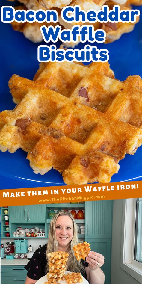 Canned Biscuit Waffles, Biscuits In Waffle Maker, Cheddar Bacon Biscuits Recipe, Bacon Cheddar Waffles, Bacon Potato Cheese Waffles, Biscuit Waffle Maker, Waffle Biscuits, Grilled Cheese Waffles, Quick Biscuits