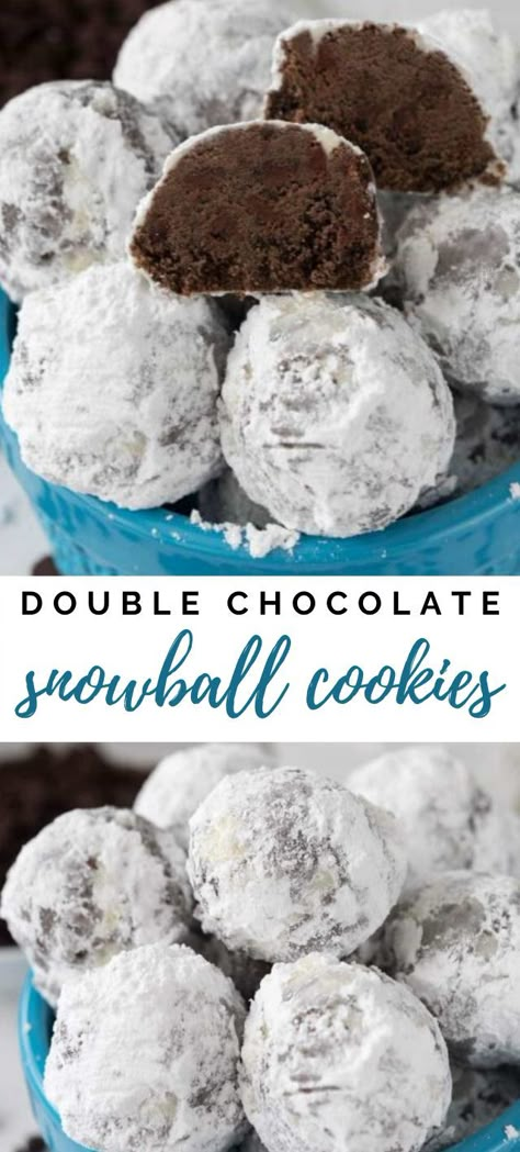 These Double Chocolate Snowball Cookies are my most favorite Russian Teacake recipe yet! They're full of rich cocoa powder and chocolate chips - NUT FREE! Chocolate Snowball Cookies, Chocolate Snowballs, Tea Cakes Recipes, Pie Cupcakes, Snowball Cookies, Tea Cake, C Is For Cookie, Xmas Cookies, Think Food