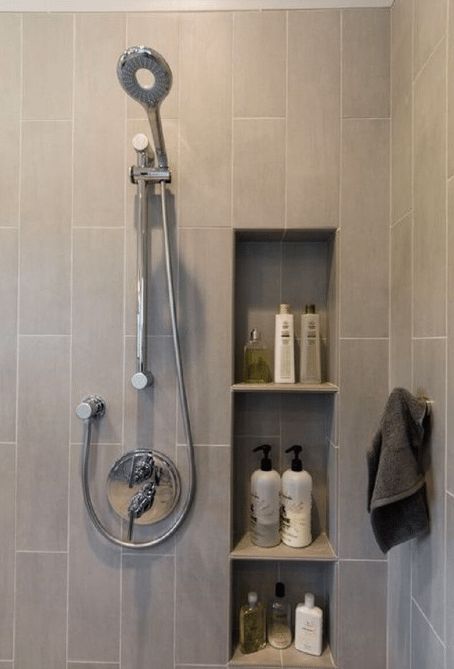 Makeover Kamar Mandi, Desain Pantry, Porta Shampoo, Bad Inspiration, Shower Niche, Bathroom Remodel Shower, Small Bathroom Storage, Bathroom Redo, Trendy Bathroom