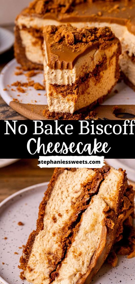 This no bake Biscoff cheesecake is super decadent! It has a Biscoff cookie crust, no bake cookie butter cheesecake, a layer of melted cookie butter and crumbled cookies in the middle. Topped with melted cookie butter and more crushed cookies. White Chocolate Biscoff Cheesecake, Biscoff Cheesecake Decoration, Cookie Butter Cheesecake No Bake, Cookie Butter Trifle, Cheesecake Recipes Biscoff, Cookie Butter Cheesecake Bars, Biscoff Butter Cake, No Bake Cookie Butter Cheesecake, Cookie Butter Crunch Cake