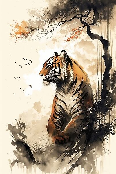 Tiger Japanese Art Sumi-e Ink Style Classic Traditional Painting Japan Art Painting, Tiger Chinese Art, Asian Tiger Tattoo Japanese Style, Asian Tiger Art, Japanese Drawing Style, Earth Tiger Tattoo, Tiger And Dragon Tattoo Japanese Style, Fantasy Tiger Art, Japanese Tiger Drawing