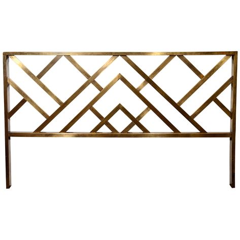 View this item and discover similar beds and bed frames for sale at 1stdibs - King size headboard in brushed brass with a darkened or antiqued-patinated finish. Headboard has fretwork design with geometric angular designs within Fretwork Doors, Gold Headboard, Brass Headboard, Love Bed, Steel Bed Design, Geometric Headboard, Art Deco Ideas, Modernist Furniture, Steel Bed Frame