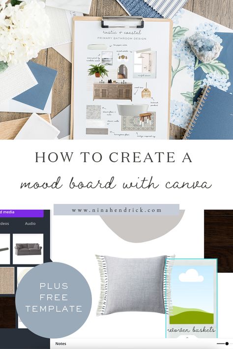 Looking for a way to create a mood board using free online tools? Learn how to create a mood board quickly and easily using the free online software Canva. Diy Mood Board, Make A Mood Board, Staging Business, Create A Mood Board, Canva Hacks, Mood Board Interior, Design Mood Board, Mood Board Template, Rustic Coastal