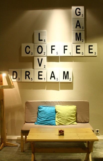 26 Best Wall Decor Ideas - For more #decorating #best #wall #decor Modern, Bohemian Wall Decorating Scrabble Wall Decor, Coffee House Decor, Scrabble Wall, Coffee Shop Design, Coffee Shop Decor, Scrabble Tiles, Office Walls, Coffee Cafe, Cafe Interior