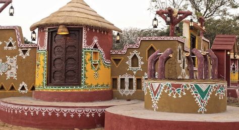 Village Fair, African Hut, Worli Painting, Beautiful Resorts, Hut House, Rajasthani Art, African House, Mud House, India Home Decor