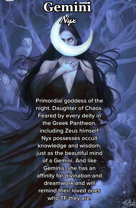 Goddess Zodiac Signs, Nyx Witchcraft, Gemini Goddess Art, Gemini Witch, Gemini Goddess, Dark Goddesses, Pagan Aesthetic, Deity Work, Gemini Zodiac Quotes