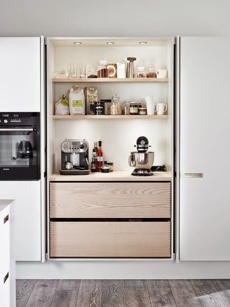 Pantry Interior, White Kitchen Appliances, Black White Kitchen, Hidden Kitchen, Appliances Storage, Kitchen Pantry Design, Renovation Design, Pantry Design, Kitchen Doors