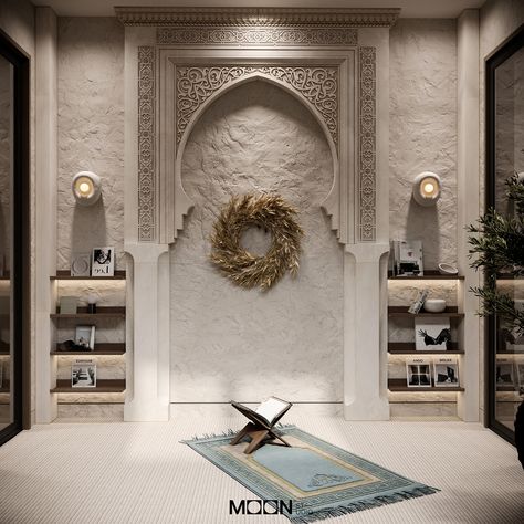 Masjid Room In Home, Islamic Interior Design Bedroom, Interior Mosque, Namaz Room, Interior Masjid, Islamic Interior, Arabic Living Room, Muslim Prayer Room Ideas, Islamic Interior Design