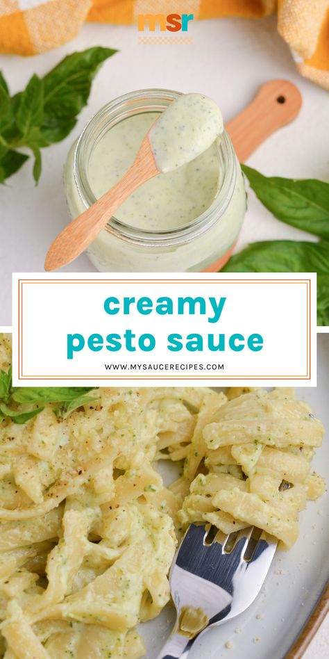 If you're looking for a simple sauce with herbs look no further than this creamy basil pesto sauce that will add flavor to pasta and proteins! Basil Pesto Cream Sauce, Basil Pesto Sauce Recipe, Creamy Basil Pesto Sauce, Creamy Pesto Sauce Recipe, Fresh Pesto Recipe, Sauces For Salmon, Sauces For Chicken, Big Mac Sauce Recipe, Mac Sauce Recipe