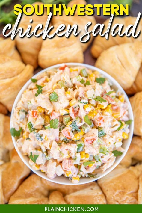 Southwestern Chicken Salad – bursting with flavor! Super simple to make and tastes great! Cooked chicken, mayonnaise, lime juice, taco seasoning, onion powder, garlic powder, red pepper flakes, corn kernels, green pepper, celery, tomatoes, and cilantro. Great for parties, potlucks, and meal prep. People always ask for the recipe! Chicken Salad Simple, Southwestern Chicken Salad, Chicken Mayonnaise, Plain Chicken Recipes, Southwest Chicken Salad, Salad Simple, Southwestern Chicken, Southwest Chicken, Honey Mustard Chicken