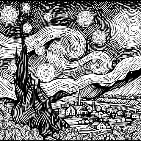 Starry Night from Vincent van Gogh iconic oil painting created in 1889 🌌🎨🌟 🌌🎨🌟🌙🖌️ Starry Night Chalk Art, Starry Night Coloring Page, Black Starry Night, Black Diary, Animal Stencil Art, Painting Starry Night, Night Clouds, Starry Night Painting, Art Coloring Pages