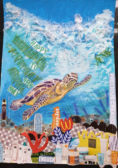 Art About Pollution, Sea Rubbish Art, Environment Collage Ideas, Plastic Ocean Art, Collage On Environment, Art About Sustainability, Environmental Sustainability Art, Gcse Art Environment, Environment Collage Art