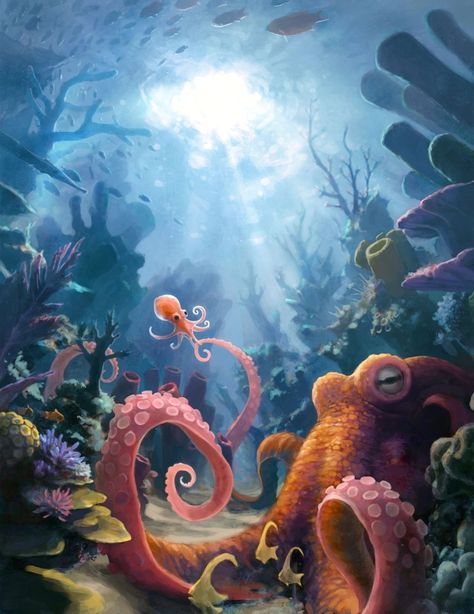 Underwater Scene, Marine Life, Octopus, Art