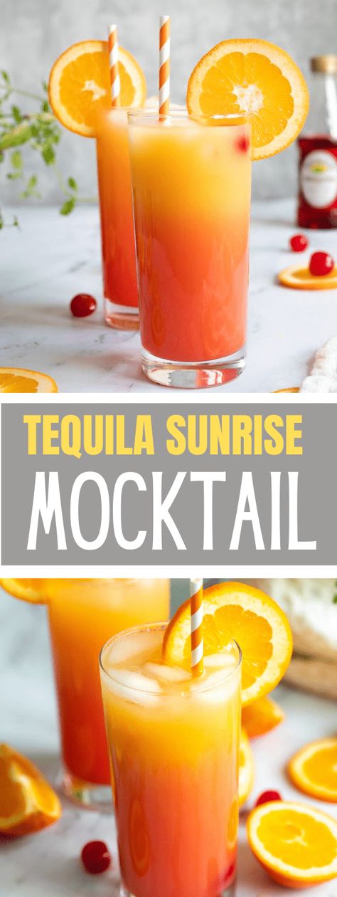 Non Alcoholic Tequila Sunrise, Tequila Sunrise Mocktail Recipe, Amazing Mock Tails, Virgin Tequila Sunrise, Blended Mocktail Recipe, How To Make A Mock Tail, Sunrise Birthday Party, Good Mocktail Recipes, Sunrise Mocktail Recipe