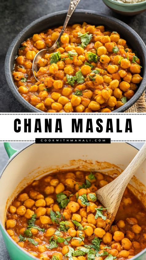 Chana Masala is a simple curry made with raw chickpeas which are soaked overnight and then cooked with onions, tomatoes and spices. This comforting chana masala recipe is vegan and gluten free and makes a cozy weeknight meal. Serve with naan or rice. Try the recipe! Chickpea Chana Masala, Chana Tikka Masala, Chick Peas Recipes Dinner, Chana Saag, Chana Masala Recipe, Indian Cuisine Recipes, Refined Sugar Free Recipes, Vegan Richa, Healthy Indian Recipes