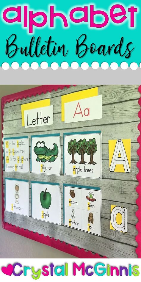 Use alphabet bulletin boards in your preschool, kindergarten, or first grade classroom. Each bulletin board set comes with an alphabet poem, alphabet picture cards, and alphabet formation cards. Change the bulletin board out quickly when you change your letter of the week. This set is perfect for alphabet recognition, alphabet practice, alphabet writing, and more. Kindergarten Boards Ideas, What We Are Learning Bulletin Board Preschool, Preschool August Bulletin Boards, Prek Focus Wall Bulletin Boards, Kindergarten Academic Bulletin Boards, Abc Bulletin Board Ideas Preschool, Letter Of The Week Preschool Board, Letter Bulletin Board Ideas, Kindergarten Classroom Pictures