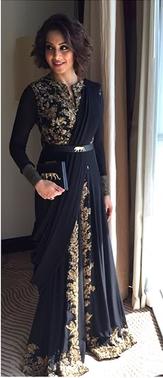 Bipasha Basu in a black with gold trim, saree-inspired dress by Sabyasachi.  Via Vogue.in Navy Blue Party Dress, Arabic Dress, Bipasha Basu, Saree Gown, Moroccan Fashion, Blue Party Dress, Evening Dresses With Sleeves, Party Kleidung, Long Sleeve Evening Dresses