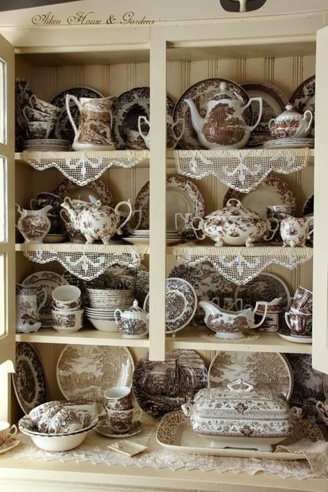 Aiken House & Gardens- brown transfer ware collection displayed in old cupboard with pretty linens Brown Transferware Display, Brown Cottage, Sunny Winter Day, Hutch Display, Muebles Shabby Chic, Dish Display, Sunny Winter, House Gardens, Brown Transferware