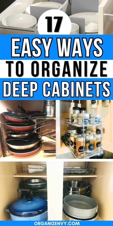 The struggle is real when it comes to deep cabinet storage! Check out 17 easy, efficient ways to organize deep kitchen cabinets. Ideas for organizing pots and pans, bakeware, spices, glassware and more. Tips for deep kitchen drawers, too! What To Store In Deep Kitchen Cabinets, Organize Cupboards Kitchen, Best Use Of Kitchen Cabinets, Deep Kitchen Cabinets Organization, Mug And Glass Storage, Organized Kitchen Cupboards, Large Kitchen Cupboard Storage Ideas, Cupboard Organizers Kitchen, Deep Cupboard Storage Ideas Kitchen