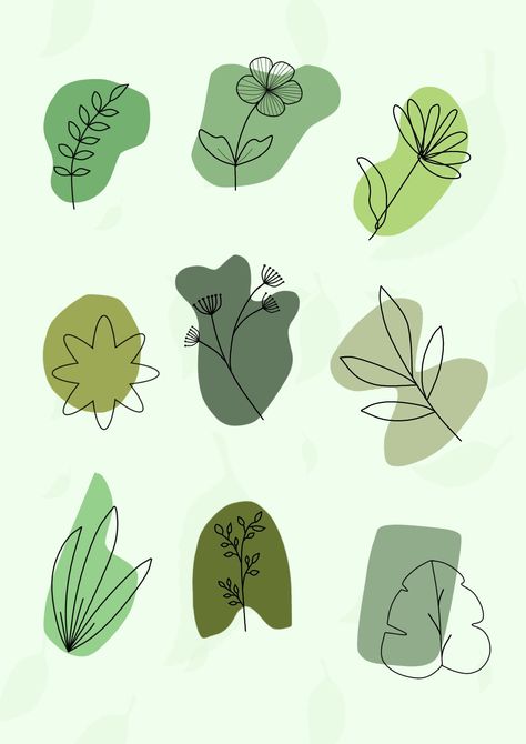 Abstract Flower Shapes, Green Doodles Aesthetic, Easy Plant Doodles, Aesthetic Line Art Flower, Green Doodles, Aesthetic Shapes, Blob Art, Aesthetic Line Art, Shape Aesthetic