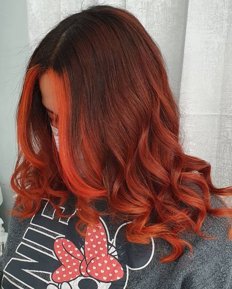 Red Orange Brown Hair, Orange Hair Balayage, Black Hair With Orange Highlights, Brown Hair With Orange, Hair With Orange Highlights, Brown Hair With Orange Highlights, Orange Balayage, Orange Brown Hair, Orange Ombre Hair