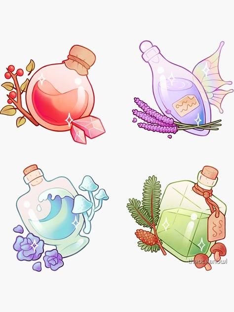 "Potions" Sticker by theoceanowl | Redbubble Kawaii Bottle Drawing, Aesthetic Potion Bottle, Magic Potion Illustration, Potion Bottles Drawing, Potion Illustration, Magic Potions, Bottle Drawing, Posca Art, Potion Bottles