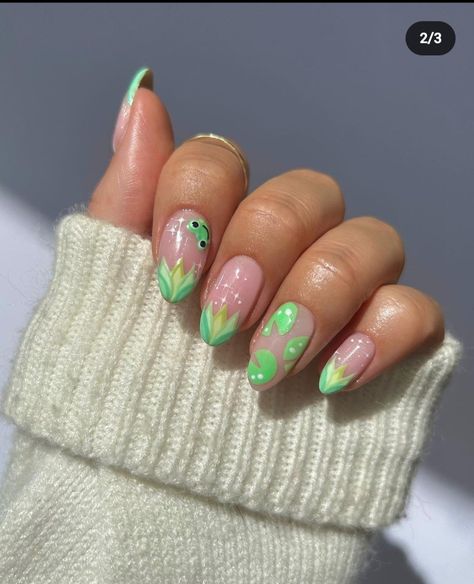 Princess And The Frog Nail, Frog Nail Art, Disneyland Nails, Animal Nail Designs, Disney Inspired Nails, Funky Nail Art, Cute Simple Nails, Nail Art For Beginners, Cute Nail