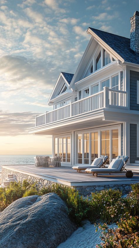 A Beach House with a Stylish Wrap-Around Deck by the Ocean Dream Beach Houses Exterior, American Beach House, Two Story Beach House, Beach House Hamptons, Bech House, Beach Side House, Elevated Beach House, Garage Adu, Beach House Ideas