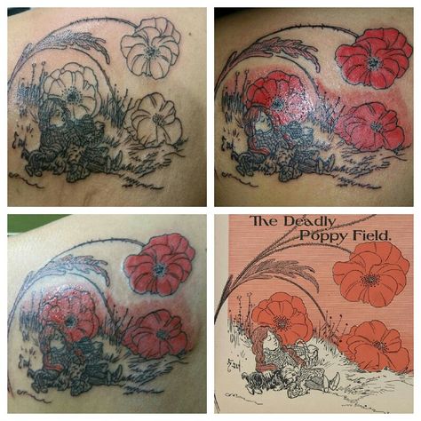 My Wizard of Oz Tattoo Dorothy and Toto sleeping in the Poppy Field from "The Wonderful Wizard of Oz" by L. Frank Baum, illustrated by W. W. Denslow Wizard Of Oz Poppies, Wizard Of Oz Tattoo, Dorothy And Toto, Oz Tattoo, Flowers Poppy, Wonderful Wizard Of Oz, Ancient Tattoo, Poppies Tattoo, The Wonderful Wizard Of Oz