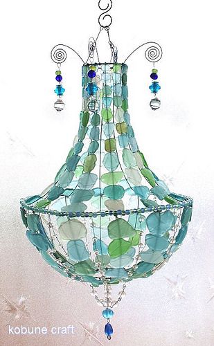 sea glass chandelier | by kobunecraft Sea Glass Chandelier, Driftwood Chandelier, Glass Art Pictures, Painted Glass Art, Seaside Decor, Sea Crafts, Diy Chandelier, Sea Glass Crafts, Beaded Chandelier