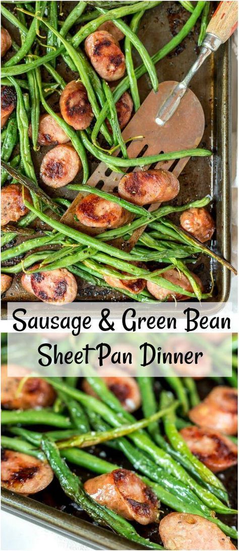 sheet pan green beans and sausage dinner collage Chicken Sausage And Green Beans, Keto Sausage And Green Beans, Green Bean And Sausage Recipe, Green Beans And Sausage, Sheet Pan Green Beans, Aidells Sausage, Pan Green Beans, Pan Veggies, Sheet Meals