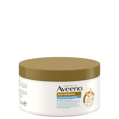 Suitable for those prone to sensitivities, the Aveeno Skin Renewal Smoother Skin Body Duo is a gentle scrub and cream two-piece bundle that works in harmony to visibly soften and smooth.  Set Contents:  Skin Renewal Gentle Body Scrub 200ml Featuring naturally-derived polyhydroxy acids, this scrub offers a gentle chemical exfoliation, helping to diminish the appearance of dryness and uneven textures. Prebiotic oat hydrates and nourishes to lend soothing and cooling benefits, while niacinamide vis Smooth Skin Body, Rough Bumpy Skin, Thick Moisturizer, Firming Lotion, Shimmer Body Oil, Chemical Exfoliation, Skin Renewal, Keratosis Pilaris, Bumpy Skin