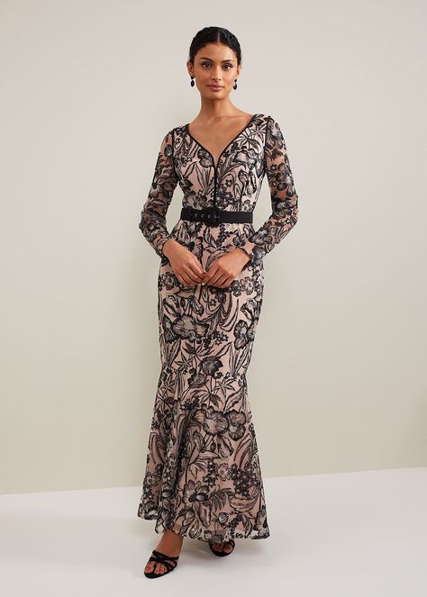 Nola V-Neck Embroidered Maxi Dress | Maxi Dres, Wedding Outfit Ideas, Sequin Outfit, Embroidered Maxi Dress, That Dress, Black Accessories, Phase Eight, Dress Shapes, Floor Length Dresses