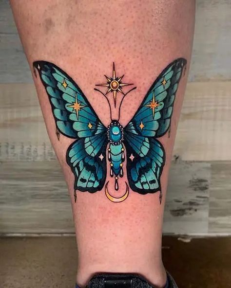 Pretty Butterfly Tattoo, Mystical Butterfly, Colorful Butterfly Tattoo, Blue Butterfly Tattoo, Moth Tattoo Design, Insect Tattoo, Pretty Butterfly, Moth Tattoo, Tatuaje A Color