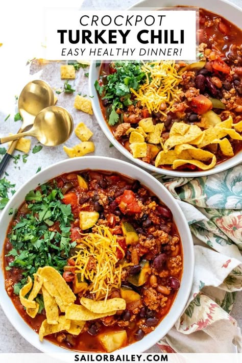 Delicious crockpot Turkey Chili is the perfect easy and healthy dinner recipe for fall and winter dinners - a simple make-ahead crockpot recipe for busy weeknights. This fall recipe is a delicious chili recipe that's gluten-free and dairy-free, plus great for meal prep. Turkey Chili Crockpot Easy, Chili Recipe Crockpot Turkey, Turkey Chilli In Crock Pot, Chili Recipe Crockpot Healthy, Crockpot Turkey Chilli, Healthy Turkey Chili Crockpot, Ground Turkey Chili Crockpot, Healthy Chili Recipe Crockpot, Turkey Chili Instant Pot