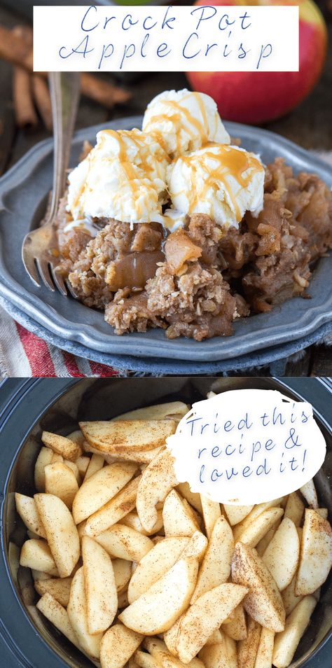 The best crock pot apple crisp! The apples are tender and full of cinnamon flavor and the oat topping is crunchy and buttery. Learn what type of apples to use and our trick for making crispy apple crisp in the slow cooker! #crockpotapplecrisp #slowcookerapplecrisp #applecrisp Crispy Apple Crisp, Crock Pot Apple Crisp, Slow Cooker Apple Crisp, Crockpot Apple Crisp, Apple Crisp Dessert, Best Apple Crisp Recipe, Vegan Apple Crisp, Crisp Desserts, Baked Apple Dessert