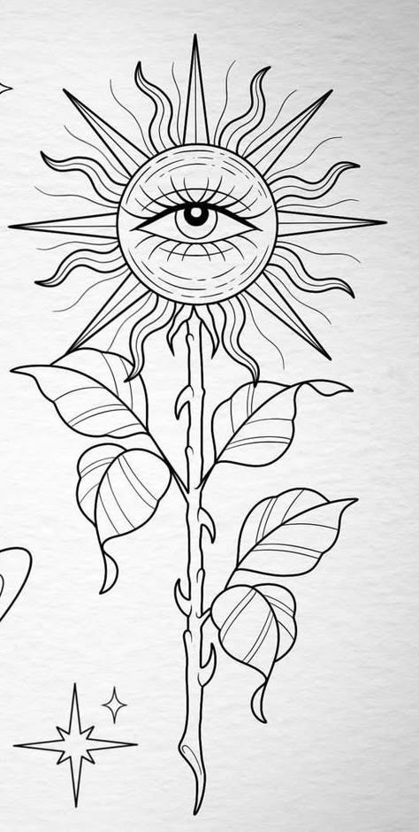 Art Lover Tattoo Ideas, Groovy Flower Drawing, Spiritual Body Art, Aesthetic Traceable Drawings, Drawing Ideas Spiritual, Trippy Tattoo Stencil, Witchy Tattoo Stencils, Tattoo Designs With Color, Tattoo Style Drawings Sketches