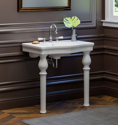 Bathroom Sinks & Vanities | Rejuvenation Powder Room Console Sink, Powder Room Ideas Pedestal Sink, Frame Wainscoting, Vintage Bathroom Sinks, Console Sink Bathroom, Antique Sink, Slab Cabinets, Picture Frame Wainscoting, Console Bathroom Sink