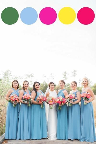 wedding color schemes, wedding theme, wedding bouquets, bright wedding colors, dusty blue bridesmaids dresses | Sindy and Trey's Colorful Wedding | Kennedy Blue Dusty Blue And Bright Pink Wedding, Blue And Bright Pink Wedding, Blue Bridesmaid Dresses Pink Flowers, Bright Blue Wedding Theme, Bright Blue Bridesmaid Dresses, Wedding Bouquets Bright, Bright Wedding Color Schemes, Wedding Colors Dusty Blue, Bright Pink Wedding