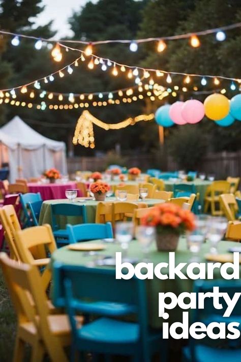 Unleash your creativity with DIY backyard party decorations. These easy-to-follow ideas will help you create a festive atmosphere that's both personal and budget-friendly. Outdoor Evening Party Backyards, Party Setup Backyard, Backyard Mexican Party Ideas, Diy Backyard Party Decorations, Small Backyard Party Set Up Birthday, Transform Backyard For Party, Small Backyard Birthday Party Setup, Colorful Backyard Party, Backyard Rager Party