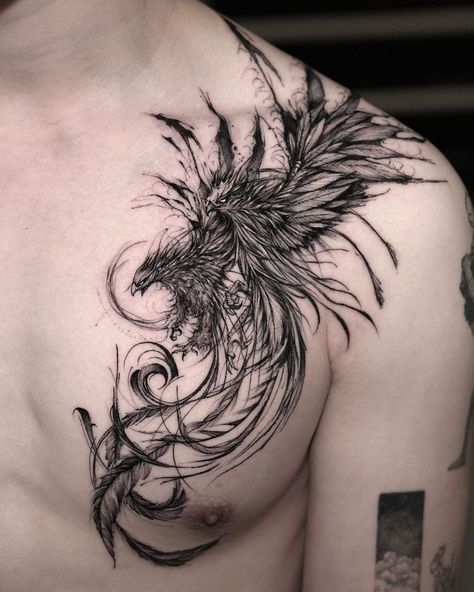 Bird Tattoo Feniks Tattoo, Phoenix Tattoo Men, Phoenix Back Tattoo, Phoenix Tattoo For Men, Rabe Tattoo, Phoenix Bird Tattoos, Phönix Tattoo, Masculine Tattoos, Sketch Style Tattoos